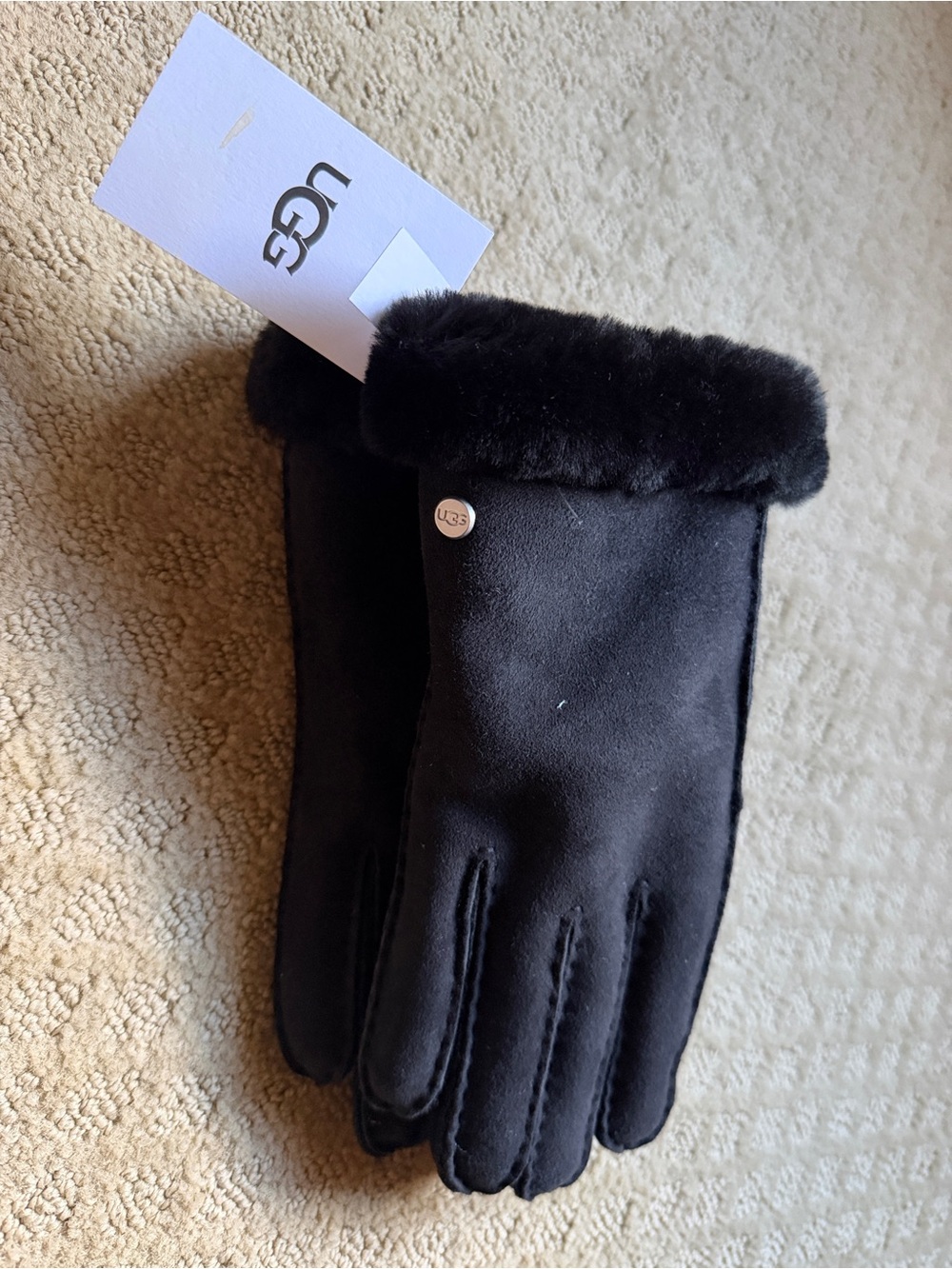 UGG Black Suede Gloves with Faux Fur Cuff
